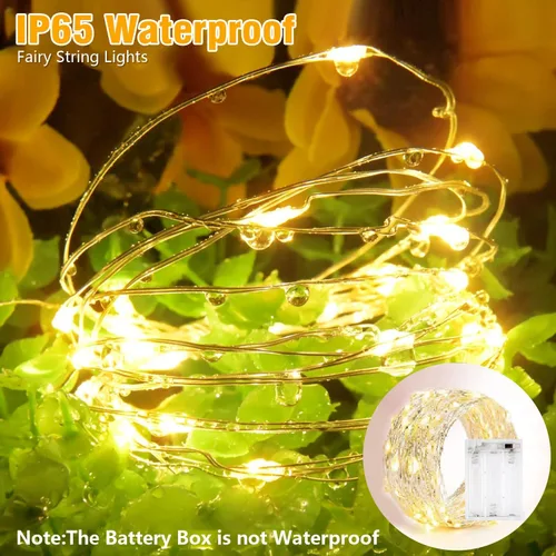 Vista 2 de Guirnalda de luces LED, serie de luces impermeables de 16.4 pies, funciona con pilas para bodas, hogar, jardín, fiesta, decoración de Navidad