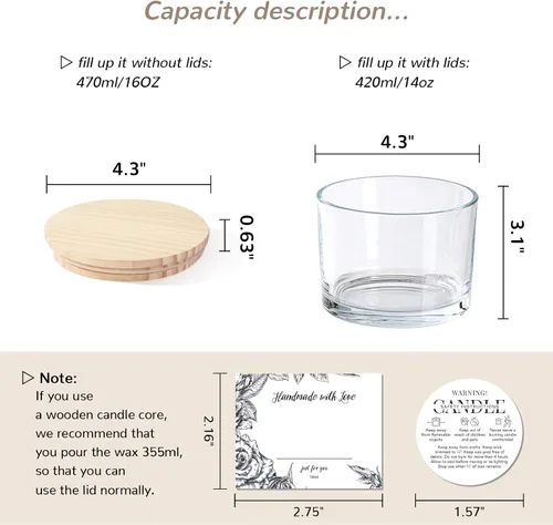 Vista 2 de Paquete de 6 tarros de vela de vidrio con tapas (16 onzas, transparentes) – Tarros de vela grandes para hacer velas de 3 mechas – Contenedores