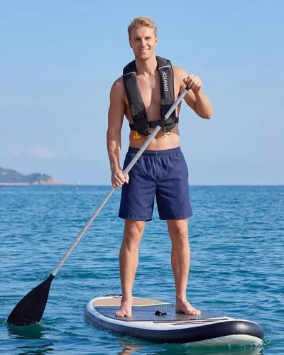 Vista 7 de Owntop Chaqueta de natación inflable para adultos, convertible automática/manual, cuello de neopreno, bolsillos grandes con solapa y trabillas