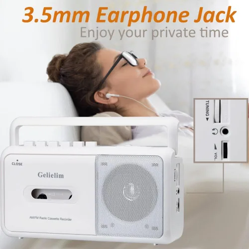 Vista 9 de AM FM Radio retro de onda corta Altavoz Bluetooth con sonido cristalino + reproductor de cassette portátil grabadora de cinta con radio AM FM