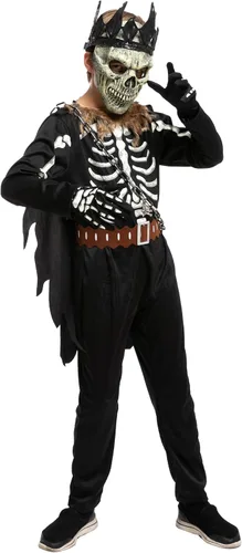 Vista 4 de Spooktacular Creations Disfraz de esqueleto de Halloween para niños, disfraz de caballero oscuro diabólico para fiestas de Halloween (S (5-7 años))