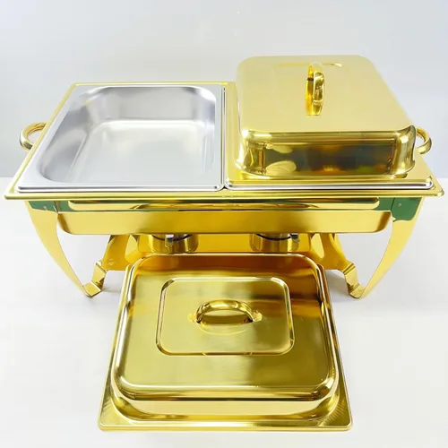Vista 4 de Golden Chafing - Juego de bufé de platos de acero inoxidable de 9 cuartos de galón, servidores de buffet de 9 litros con soporte para combustible