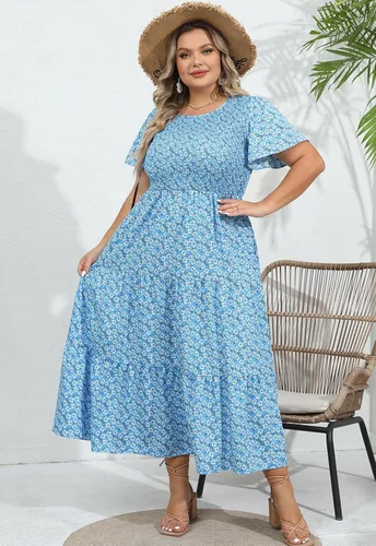 Vista 3 de Vestido largo escalonado fruncido para mujer, talla grande, con bolsillos, elegante, manga corta, cuello redondo, floral, bohemio, vestido bohemio