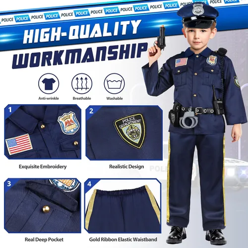 Vista 4 de Joycover Disfraz de oficial de policía para niños, disfraz de policía de lujo para niños con accesorios, disfraces de Halloween para niños y niñas