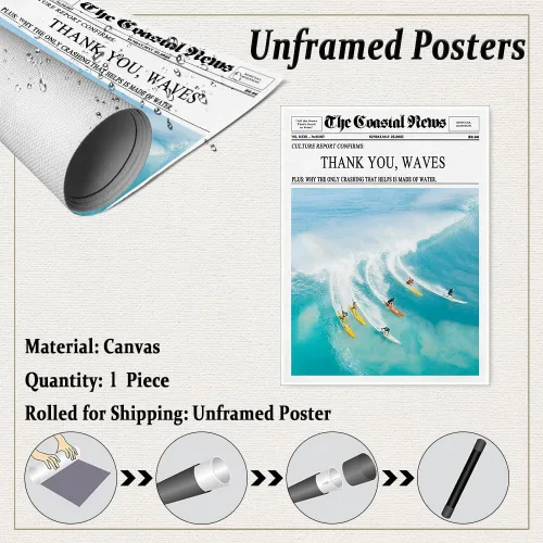 Vista 2 de The Coastal News Surf Culture - Póster de lienzo estilo periódico, póster impreso con ondas de agradecimiento y surf en el océano, póster moderno