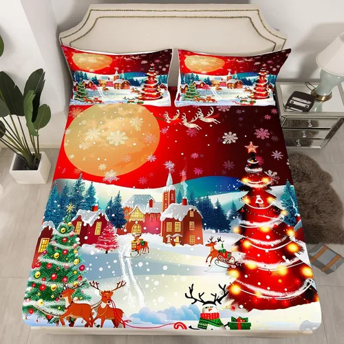 Vista 10 de Erosebridal Juego de ropa de cama de muñeco de nieve, tamaño individual, sábana bajera ajustable de esquí kawaii para árbol de Navidad, para niños