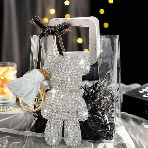 Vista 7 de Llavero de oso de peluche, lindo oso de peluche, accesorios de automóvil, llaveros de diamantes de imitación de moda para mujeres y niñas, Varios