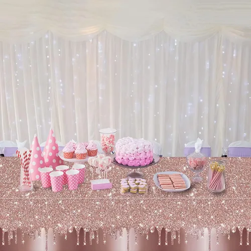 Vista 5 de 3 manteles de lentejuelas rosas y doradas para fiesta de cumpleaños, cubierta de mesa de oro rosa, diamantes con purpurina, fondo de feliz