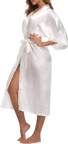 Vista 4 de Bata larga de satén para mujer, bata de baño tipo kimono para novia, damas de honor, ropa de dormir con bolsillos