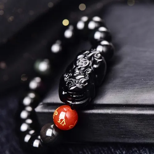 Vista 9 de Pulsera de obsidiana negra, pulsera de obsidiana negra Feng Shui para mujeres y hombres, pulsera elástica de obsidiana con piedra de ojo de tigre