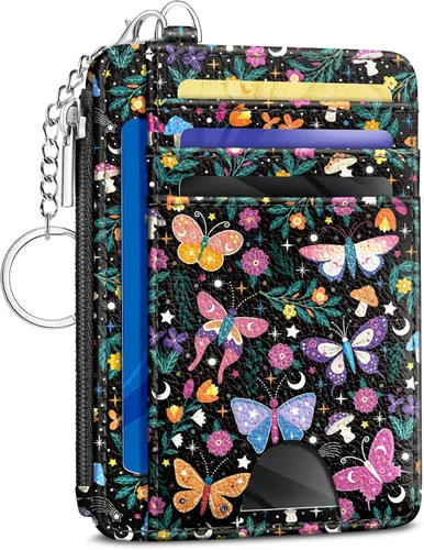 Vista 10 de Kelvoris Tarjetero pequeño para mujer, cartera delgada con bloqueo RFID, llavero con bolsillo para monedas con cremallera, bolsillo frontal