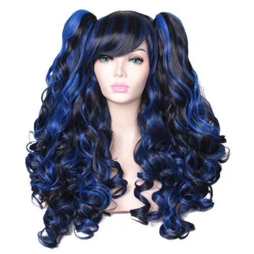 Vista 19 de ColorGround Peluca larga y rizada para cosplay con 2 colas de caballo (azul celeste)