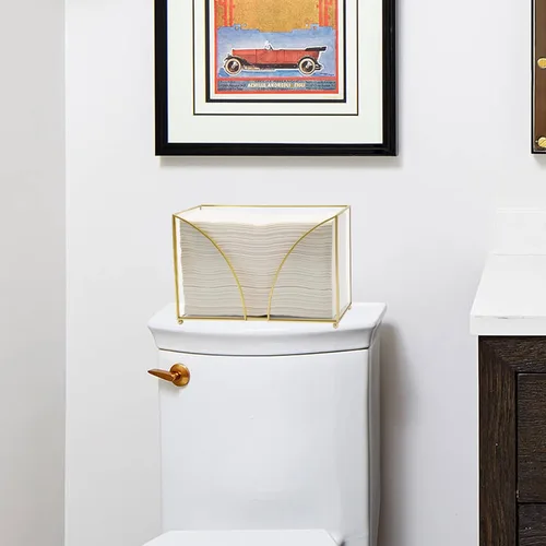 Vista 7 de Dispensador de toallas de papel de cristal dorado multipliegue, dispensador de toallas de papel de baño con pies, elegante soporte para toallas