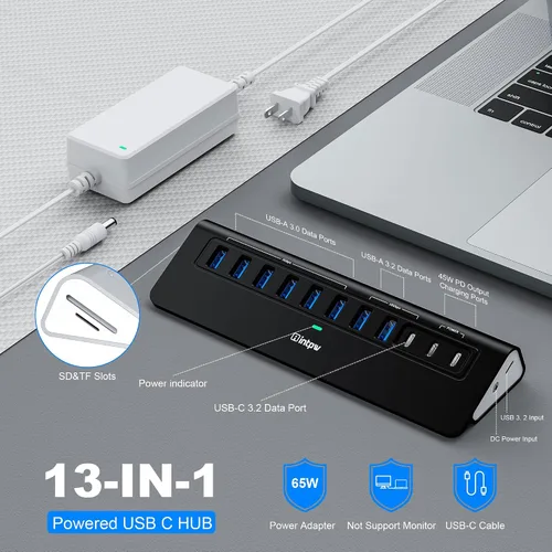 Vista 2 de Hub USB alimentado de 10 Gbps, intpw YH9AC Plus 13 puertos USB 3.2 Hub