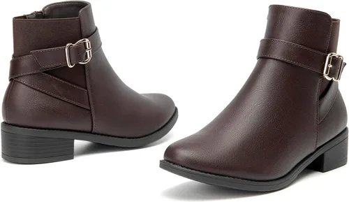 Vista 4 de Botines clásicos para mujer, tacón bajo, hebilla y correa, botines de punta redonda para mujer, zapatos de moda