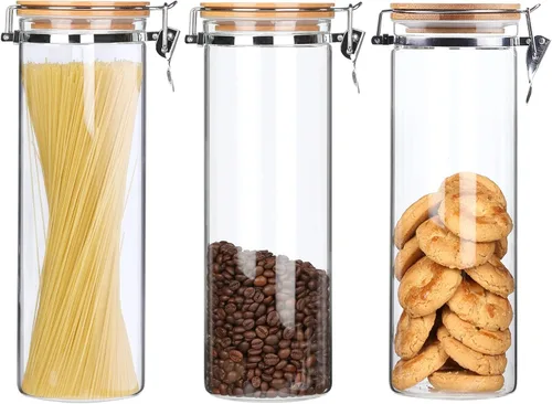 Vista 9 de Tarros de vidrio de borosilicato transparente con abrazadera de bloqueo hermético, tapas de bambú para cocina, sin BPA