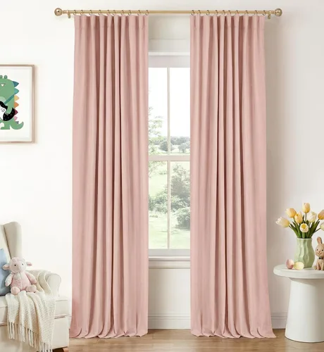 Vista 47 de INOVADAY Cortinas 100% opacas para dormitorio, cortinas opacas de color rosa bebé de 90 pulgadas de largo, cortinas opacas de lino con anillos
