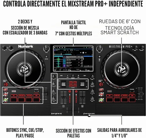 Vista 6 de Numark Controlador de DJ Mixstream Pro+ con Separación de Stems, 2 Decks, Transmisión Wi-Fi, Mezclador, Pantalla Táctil de 7", Altavoces, funciona