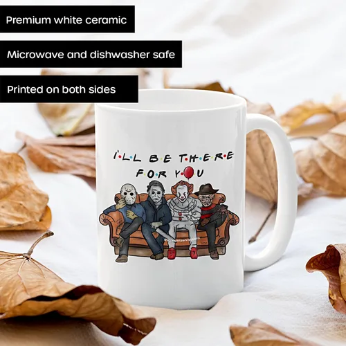 Vista 2 de Taza Ill Be There For You, Friends Horror Villains, divertida taza de Halloween, Jason Freddy Michael Myers IT Pennywise Slasher regalo, Masked