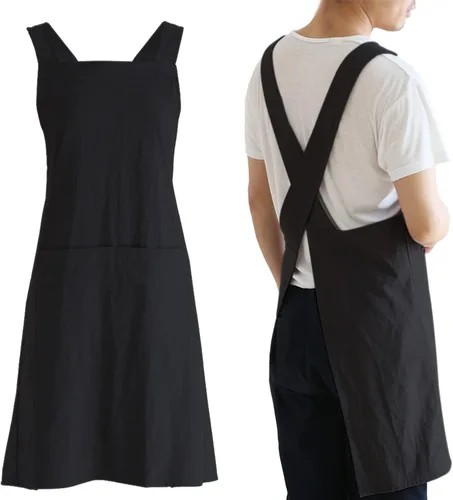 Vista 8 de NEWGEM - Delantales de cocina de lino japonés para mujeres y hombres, con tirantes cruzados y bolsillos, para repostería y cocina