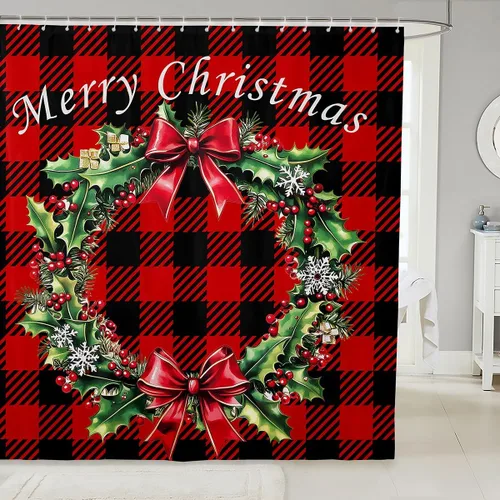 Vista 22 de Homewish Cortina de ducha de árbol de Navidad, juego de cortina de ducha de baño con diseño de copo de nieve dorado para niños y adultos, cortina