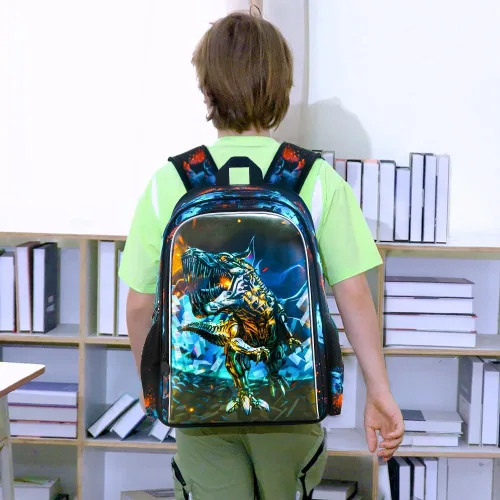 Vista 8 de CCJPX Mochila de 3 piezas para niños, de 16 pulgadas, dinosaurio, preescolar, primaria, guardería, escuela, mochilas y lonchera, Negro Azul