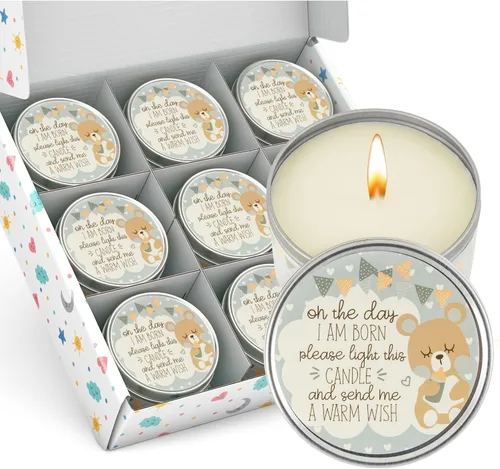 Vista 15 de Majestic Zen Juego de regalo de velas para baby shower, paquete de 9 velas de cera de soja perfumadas neutrales, aroma a polvo fresco para bebé, 30