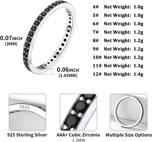 Vista 5 de ChicSilver Anillo apilable personalizado de plata de ley 925 con circonita cúbica de 0.079 pulgadas, anillo de compromiso de eternidad para mujer