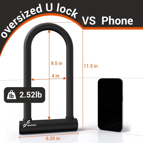 Vista 3 de Sportneer Candado para bicicleta: Candado en U resistente para bicicleta con cable de acero de seguridad de 1,8 m - grillete de 18 mm para bicicleta