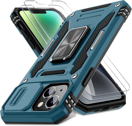 Vista 10 de DEERLAMN Funda para iPhone 13/iPhone 14 de 6.1 pulgadas con cubierta deslizante para cámara + protector de pantalla (2 paquetes), soporte de anillo