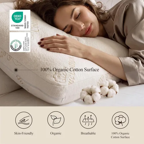 Vista 2 de Almohada estándar de algodón orgánico para dormir, con espuma viscoelástica triturada certificada CertiPUR-US, almohada ajustable con refuerzo