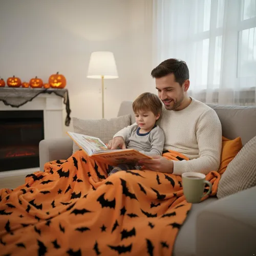 Vista 6 de Manta de forro polar de Halloween, murciélagos negros sobre fondo naranja, 50 x 70 pulgadas Ultra-soft cozy flannel fleece, for sofa couch bed