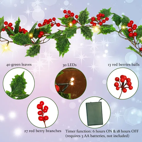 Vista 2 de Guirnalda de Navidad iluminada de bayas rojas de 9 pies, guirnalda de Navidad operada por batería con luces, guirnalda artificial flexible