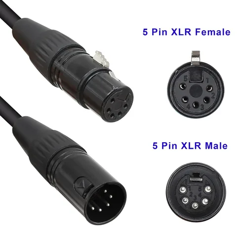 Vista 2 de Cables XLR a XLR DMX de 5 pines de 9.8 pies, cable XLR de 5 pines macho a hembra, para altavoz, micrófono y LED DMX (negro, 9.8 ft)