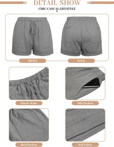 Vista 4 de QUEEN PLUS - Pantalones cortos informales para mujer, cómodos, con cintura elástica con cordón y bolsillo