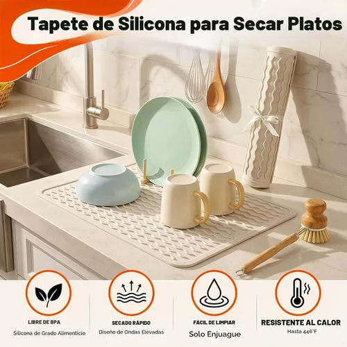 Vista 2 de CAKETIME Paquete de 2 tapetes de secado de platos de silicona multicolor para encimera de cocina, comedor, manteles individuales resistentes al