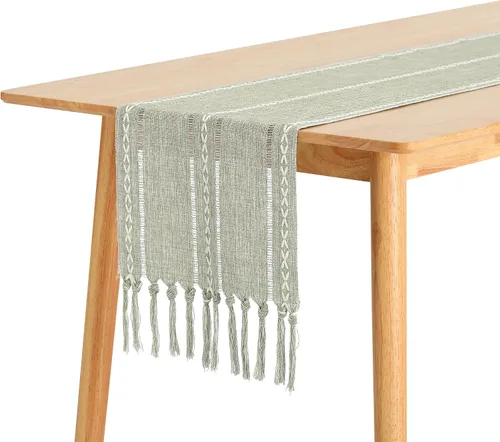 Vista 7 de uxcell Paquete de 1 camino de mesa rústico, caminos de mesa de granja con borlas, camino de mesa rústico para comedor, fiesta, boda, 13 x 63 Beige