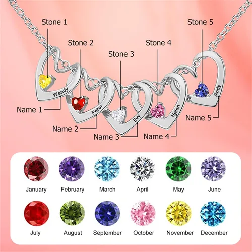 Vista 2 de MissNaNa Collar personalizado para mamá con 1-6 piedras natales y nombres grabados, collar familiar personalizado con nombre de corazón para el día