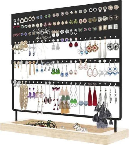 Vista 3 de Organizador de joyas para aretes, 3 niveles, 144 agujeros, organizador de aretes con bandeja de madera para aretes, collares y anillos