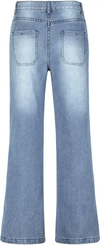 Vista 5 de Jeans casuales de pierna ancha para mujer, pantalones largos de mezclilla de cintura alta, pantalones holgados de moda con bolsillos, Azul oscuro