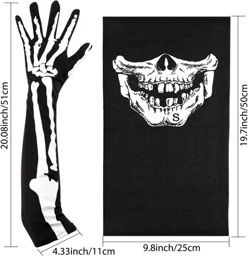 Vista 3 de Tatuo - Guantes largos de esqueleto blanco y máscara facial de calavera medio fantasma huesos Disfraces de cosplay para fiesta de disfraces de baile