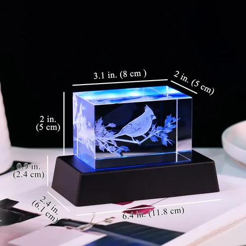 Vista 3 de YWHL Regalos de cardenal de cristal para mujeres y hombres: Figurina decorativa cardenal rojo grabada en 3D con láser, luz nocturna, regalos