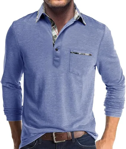 Vista 6 de Aulemen - Camisas polo de manga larga para hombre casuales con botones, absorbentes de humedad, de algodón, elegantes, camisetas para golf
