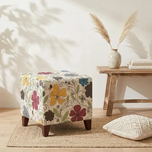 Vista 9 de Joveco Reposapiés otomano cuadrado de 16.3 pulgadas, moderno taburete de tela de lino floral con patas de madera maciza, banco de zapatos tapizado