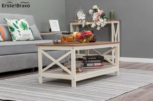 Vista 3 de Mesa de centro de granja con almacenamiento, mesa central cuadrada moderna con estante para sala de estar, mesa de cóctel de aspecto de madera