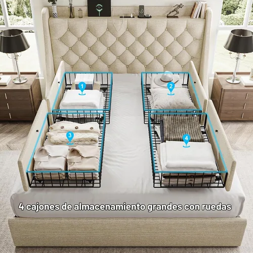 Vista 5 de GalnFu Marco de cama de tamaño completo con 4 cajones de almacenamiento, cabecera tapizada grande tipo wingback, estación de carga rápida,