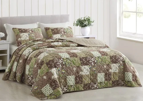 Vista 2 de Chezmoi Collection Leilani - Juego de edredón de algodón lavado bohemio de 3 piezas, tamaño Queen, ropa de cama acolchada bohemia marrón, gris topo