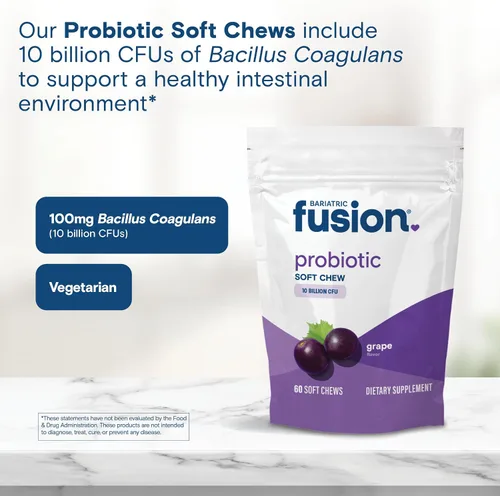 Vista 5 de Bariatric Fusion Masticables blandos probióticos Vitamina bariátrica masticable con sabor a uva 10 mil millones de UFC Bacillus coagulans