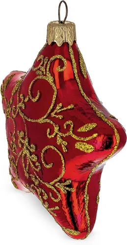 Vista 2 de Estrella roja brillante con adorno de Navidad de vidrio con patrón dorado
