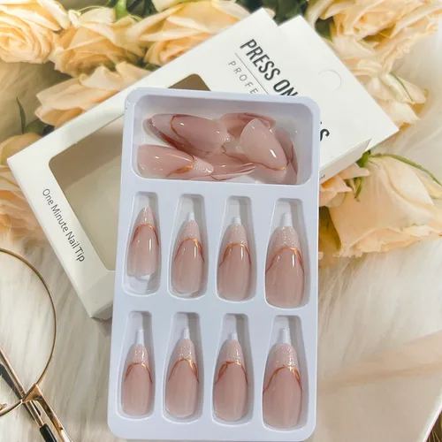 Vista 5 de Uñas postizas a presión con punta de almendra mediana, uñas postizas artificiales con diseño de líneas doradas, cobertura completa, reutilizables
